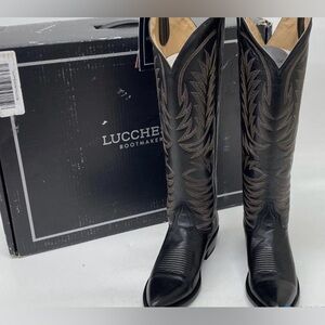 Lucchese Black Leather Cowboy Boots with Tan and purple Embroidery